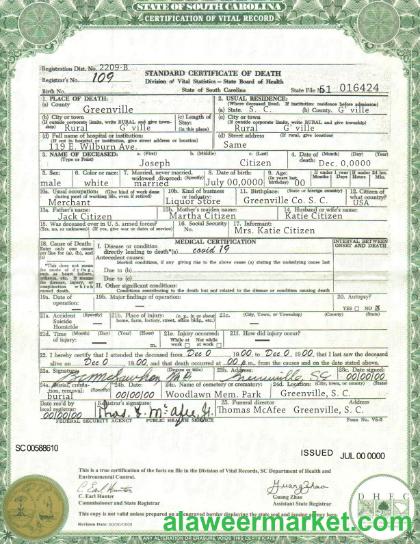 USA South Carolina state death certificate template in PSD format